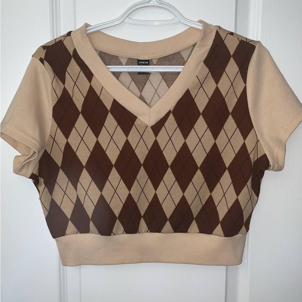 Brown and beige short sleeve sweater vest